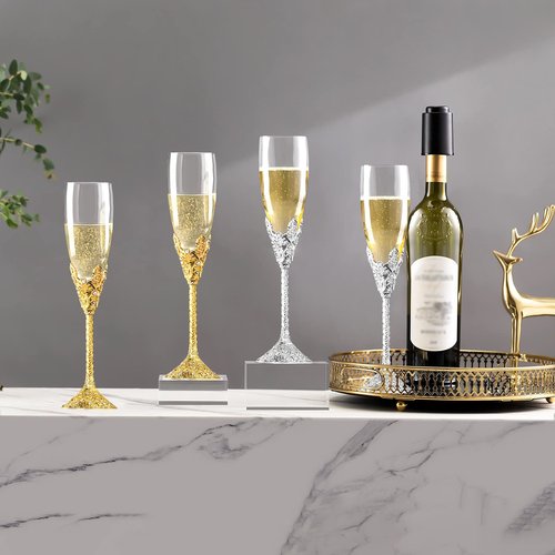 Jozen Gift Champagne Flutes-Set of 2 Champagne glasses, Crystal Glasses&Metal Base, Toasting Flute Pair, Wedding Anniversary, Party,Birthday,Banquets,Gifts for Bride and Groom 6 oz-Gold