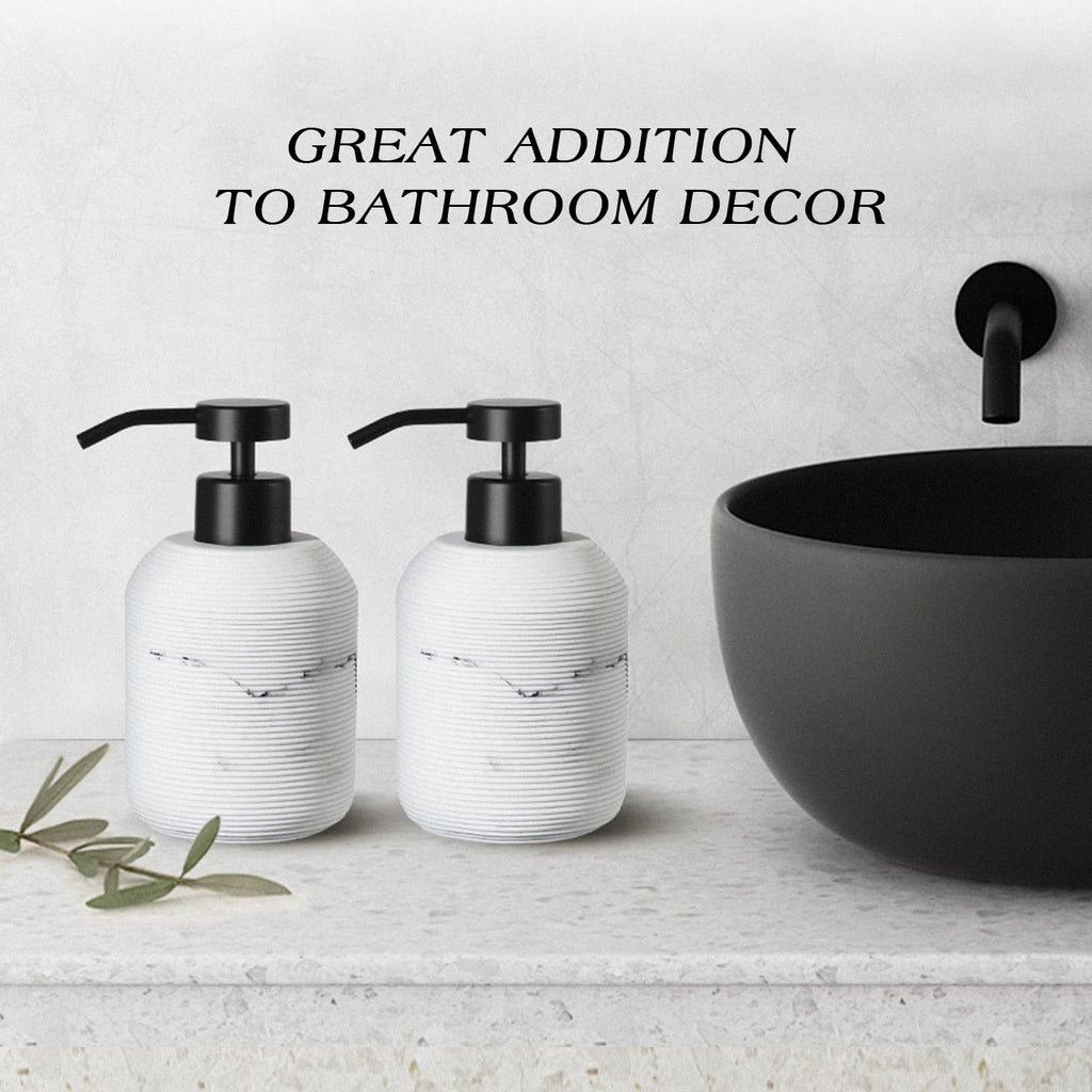 VIMERPA Marble Hand Soap Dispenser for Bathroom, 12 Fl Oz Soap and Lotion Dispenser Set, 2 Pack White Resin Dish Soap Dispensers for Kitchen, Refillable Liquid Bottle Container with Plastic Pump