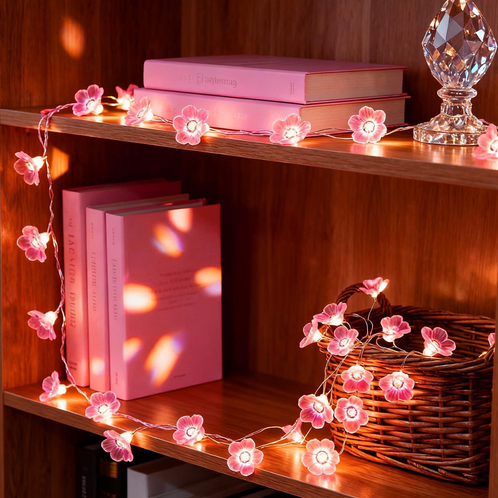 Keretuby Pink Fairy Cherry Blossom Flower String Lights for Bedroom, USB Plug in and Battery Operated 13ft 40 LED Cute Indoor Outdoor Hanging Decorations for Birthday Wedding Party Christmas Easter