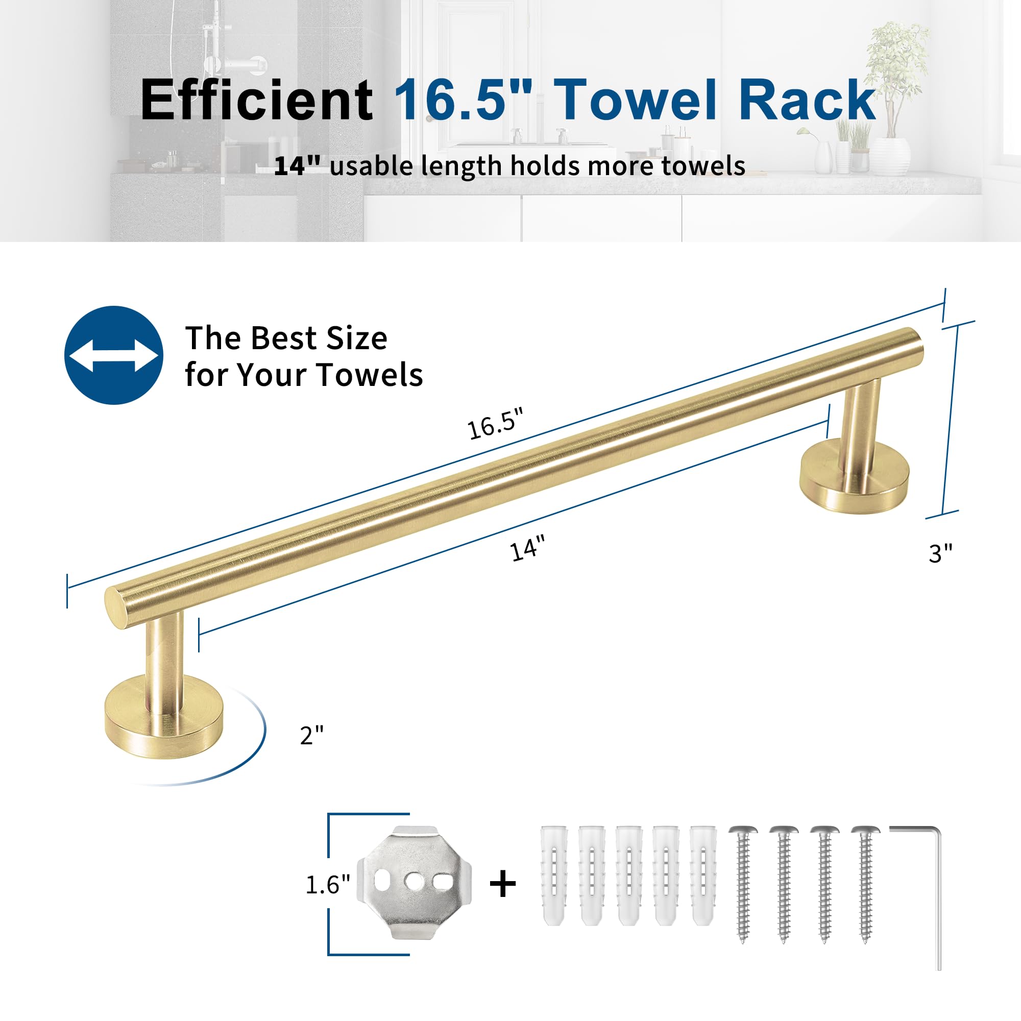 Brushed Gold Towel Bar, 18 Inch Towel Racks for Bathroom Wall Mounted, Thicken SUS304 Stainless Steel Heavy Duty Hand Towel Holder Organizer, Bathroom Accessories, Total Length 20.5 Inch