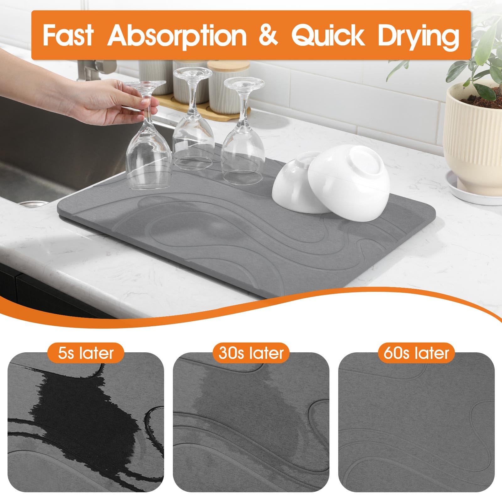 Snuggery Large Stone Drying Mat for Kitchen Counter - 24"x16" Dirt-Resistant Quick Drying Fast Absorbent Non-Slip Diatomite Mat, Natural Diatomaceous Earth Dish Drying Pad for Dish Rack(Dark Grey)