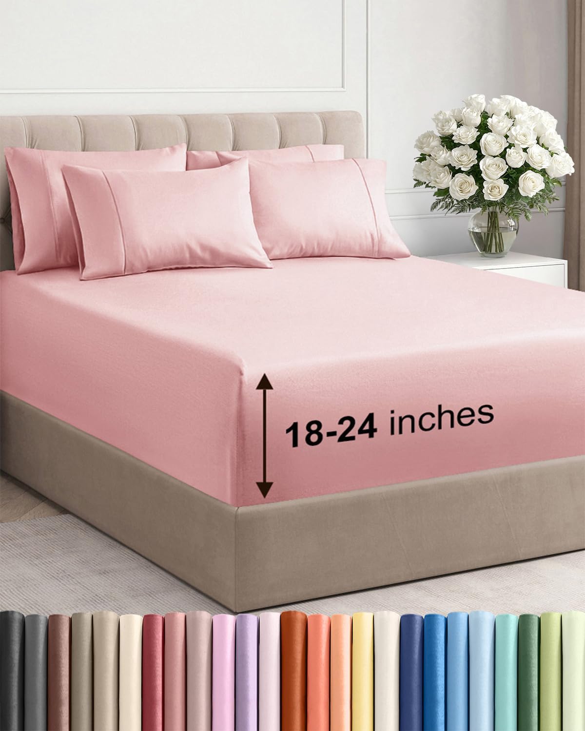 Skiennix Extra Deep Cal King Sheet Set - 6 Piece Breathable Cooling Bedding - Soft Wrinkle-Free Baby Pink