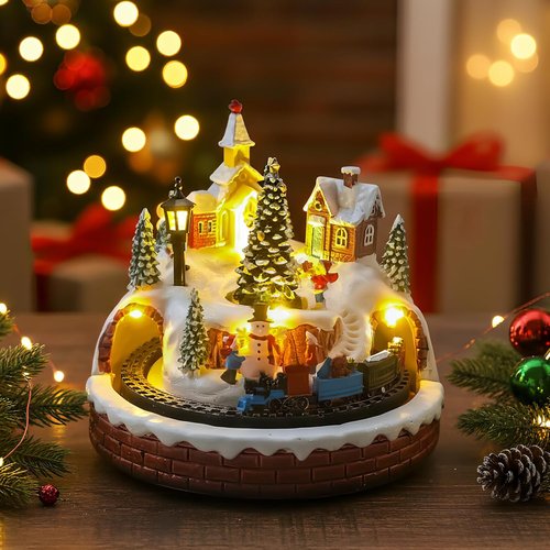 Christmas Village Decoration - Spinning Train & Tree, Musical Collectible with LED Lights | 8 Songs, Timer Function, Dual Power