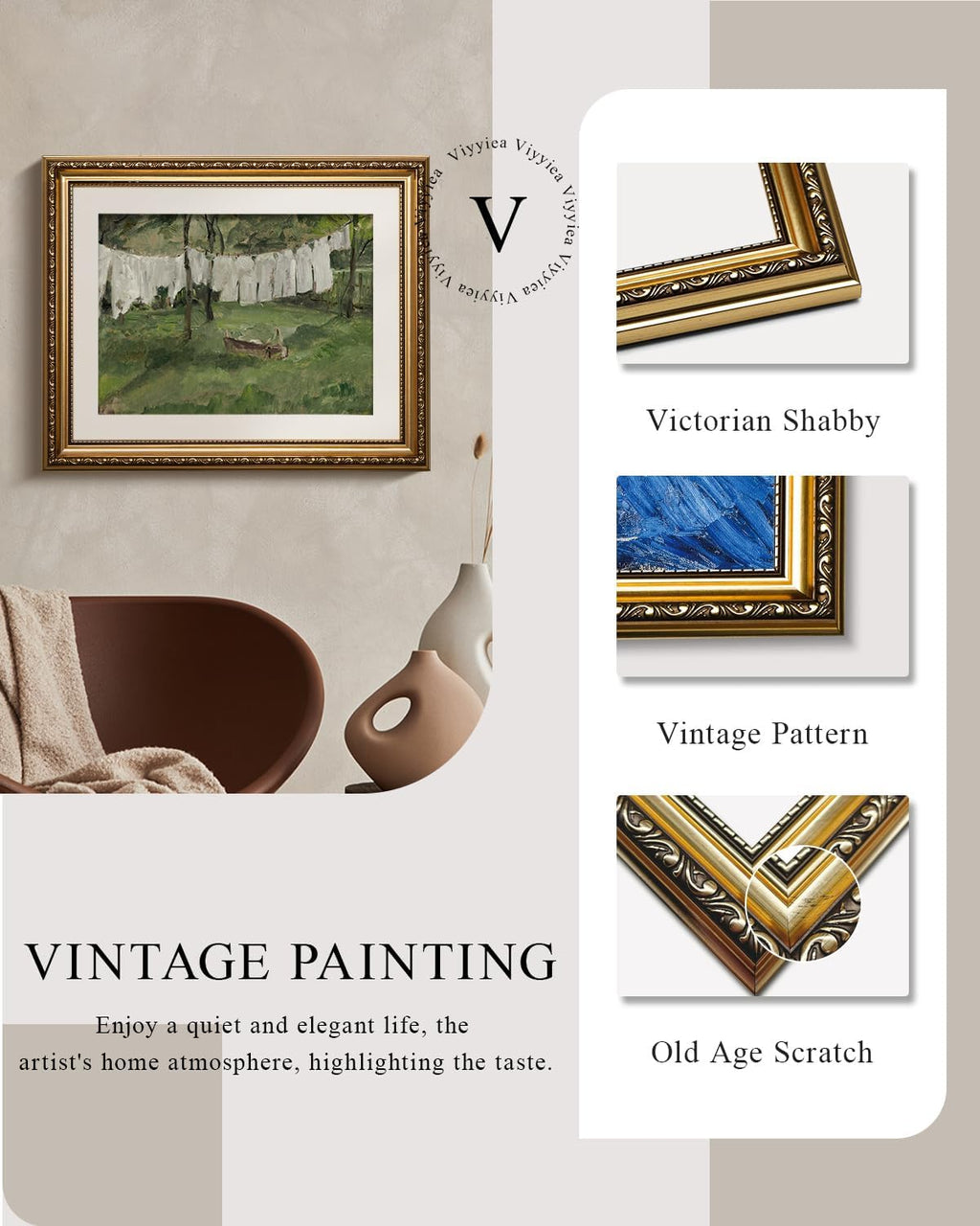 VIYYIEA Gold Framed Canvas Wall Art - Vintage Laundry Room Print | Antique Oil Painting, 13x16in