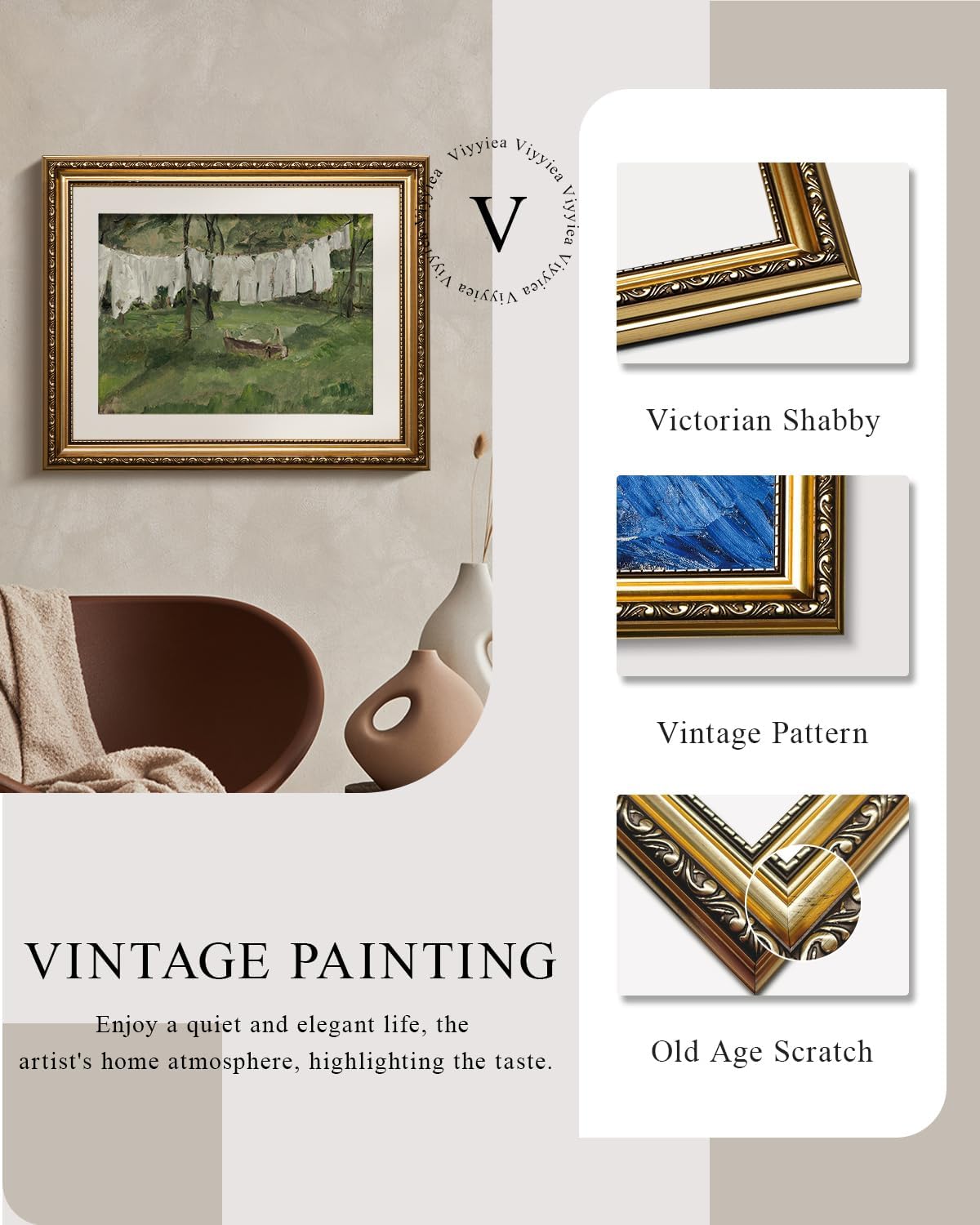 VIYYIEA Gold Framed Canvas Wall Art - Vintage Laundry Room Print | Antique Oil Painting, 13x16in
