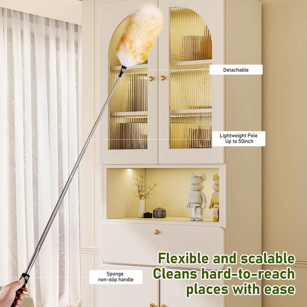 MehelloFeather Extendable Lambswool Duster 25-64" Retractable Telescopic Handle Removable Head Multi-Surface Cleaning Tool for Ceiling Fans, Windows, High Walls, and Hard-to-Reach Areas (2pcs)