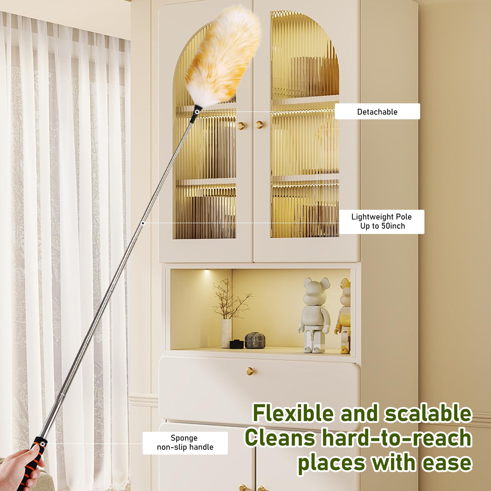 MehelloFeather Extendable Lambswool Duster 25-64" Retractable Telescopic Handle Removable Head Multi-Surface Cleaning Tool for Ceiling Fans, Windows, High Walls, and Hard-to-Reach Areas (2pcs)