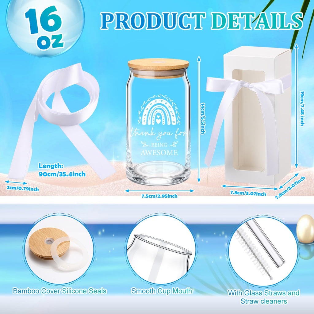 Ziliny 24 Set Thank You Gifts Bulk Employee Appreciation Gifts for Staff Christmas Coworker 16 oz Glass Cups with Lids and Straws with Gift Box Ribbon for Friends Nurse Teacher(Thank You)