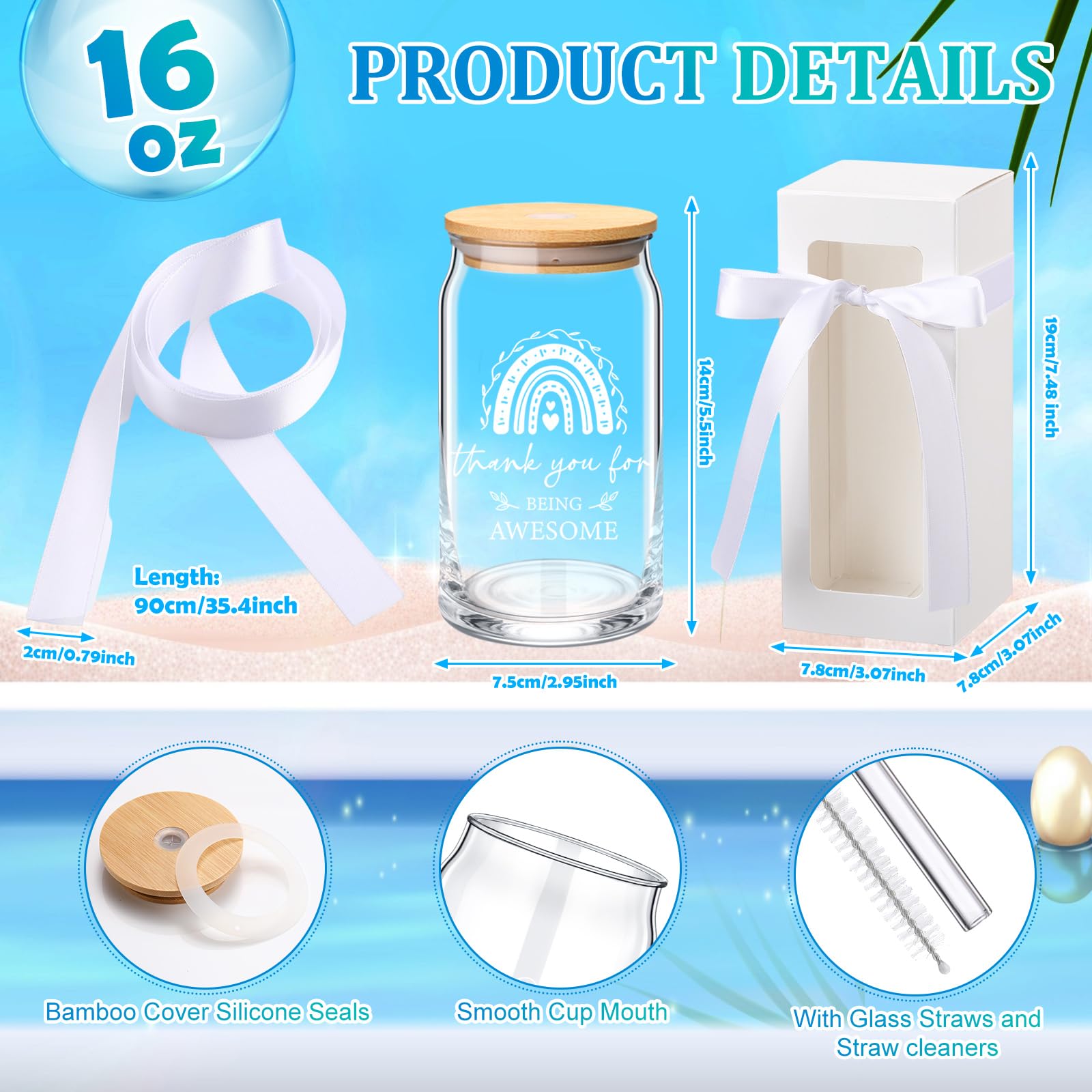 Ziliny 24 Set Thank You Gifts Bulk Employee Appreciation Gifts for Staff Christmas Coworker 16 oz Glass Cups with Lids and Straws with Gift Box Ribbon for Friends Nurse Teacher(Thank You)