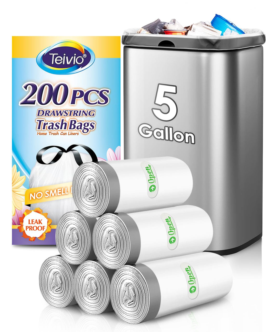 Teivio 5 Gallon 200pcs Strong Drawstring Trash Bags Garbage Bags, Small Plastic Bags for home office kitchen ，White Bathroom Trash Can Bin Liners