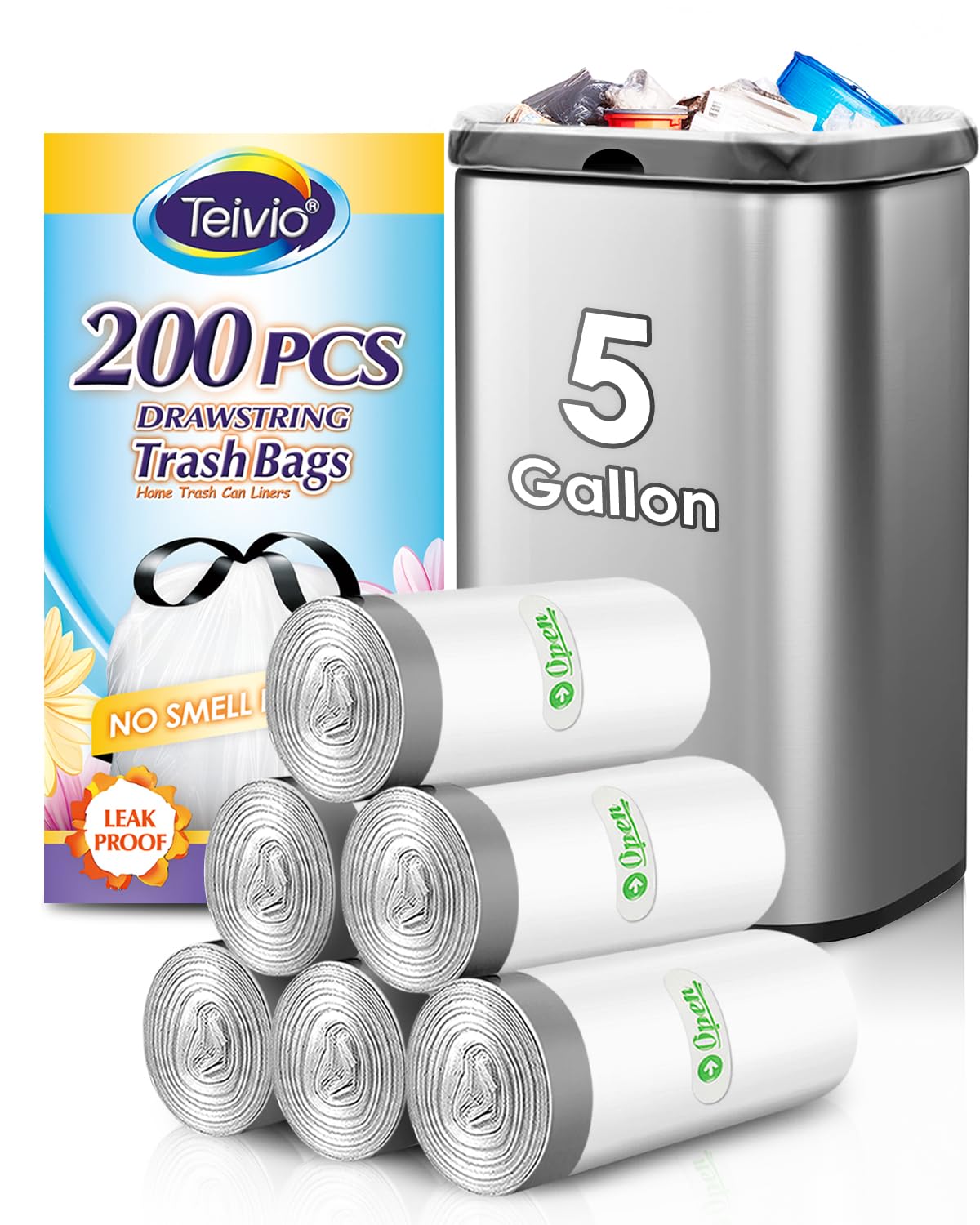 Teivio 5 Gallon 200pcs Strong Drawstring Trash Bags Garbage Bags, Small Plastic Bags for home office kitchen ，White Bathroom Trash Can Bin Liners
