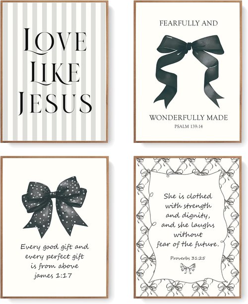 LARTSFRO Coquette Black Bow Wall Art Decor - Inspirational Christian Posters for Teen Girls | 12x16 Inch Set of 4 Unframed