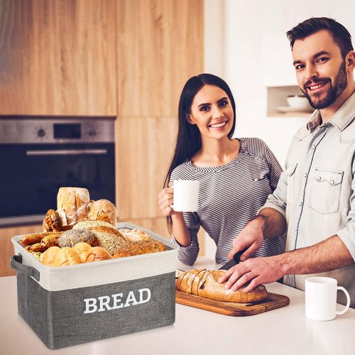 Lukeline Bread Storage Basket for Kitchen, Foldable Fabric Bread Keeper Bread Storage Container Bin with Handles, Bread Baskets for Kitchen Counter and Pantry (White & Grey)