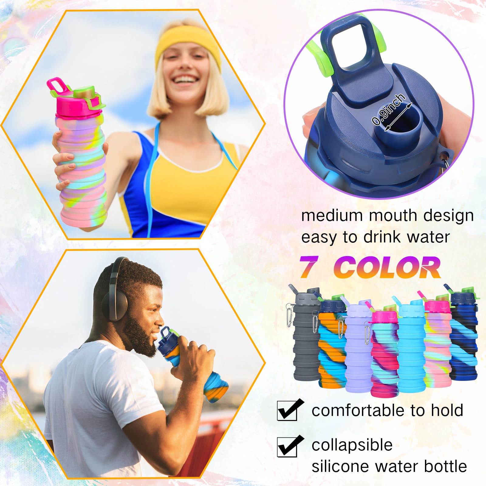 Sunnyray Collapsible Water Bottles Bulk Foldable Water Bottles 17oz Silicone Portable Leak Proof Reusable Sports with Clip for Travel Hiking Camping Outdoor(Camouflage,30 Pack)