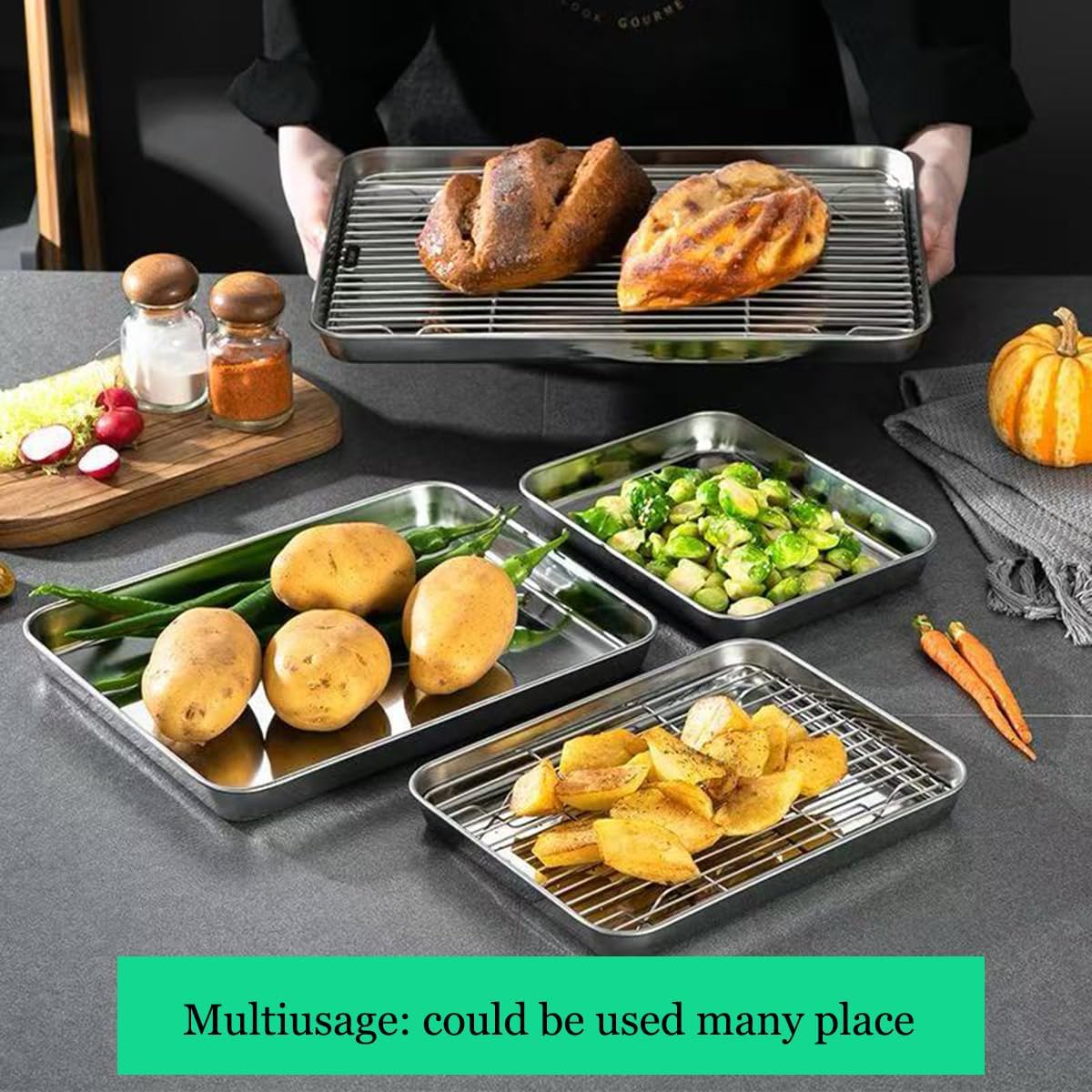 Skiennix Extra Small Serving Trays Set - Stainless Steel 304 Baking Sheet Pans with Cooling Racks | 9.3 x 6.9 Inch, Dishwasher Safe for 1-2 Persons