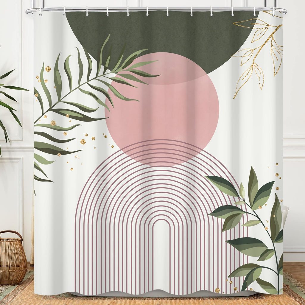 CRTPOD Boho Mid Century Shower Curtain, Pink Modern Minimalist Abstract Geometric Sage Green Gold Plant Leaves Bathroom Curtains Washable Waterproof Fabric Buthtub Curtain Set with Hooks 72" Wx72 L