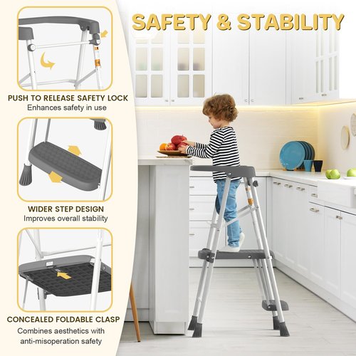 HBTower Kids 2 Steps Step Stool, Toddler Tower for Kitchen Counter Learning, Toddler Kitchen Stool Helper with Anti-Drop Safty Railing Kids Standing Folding Stepper