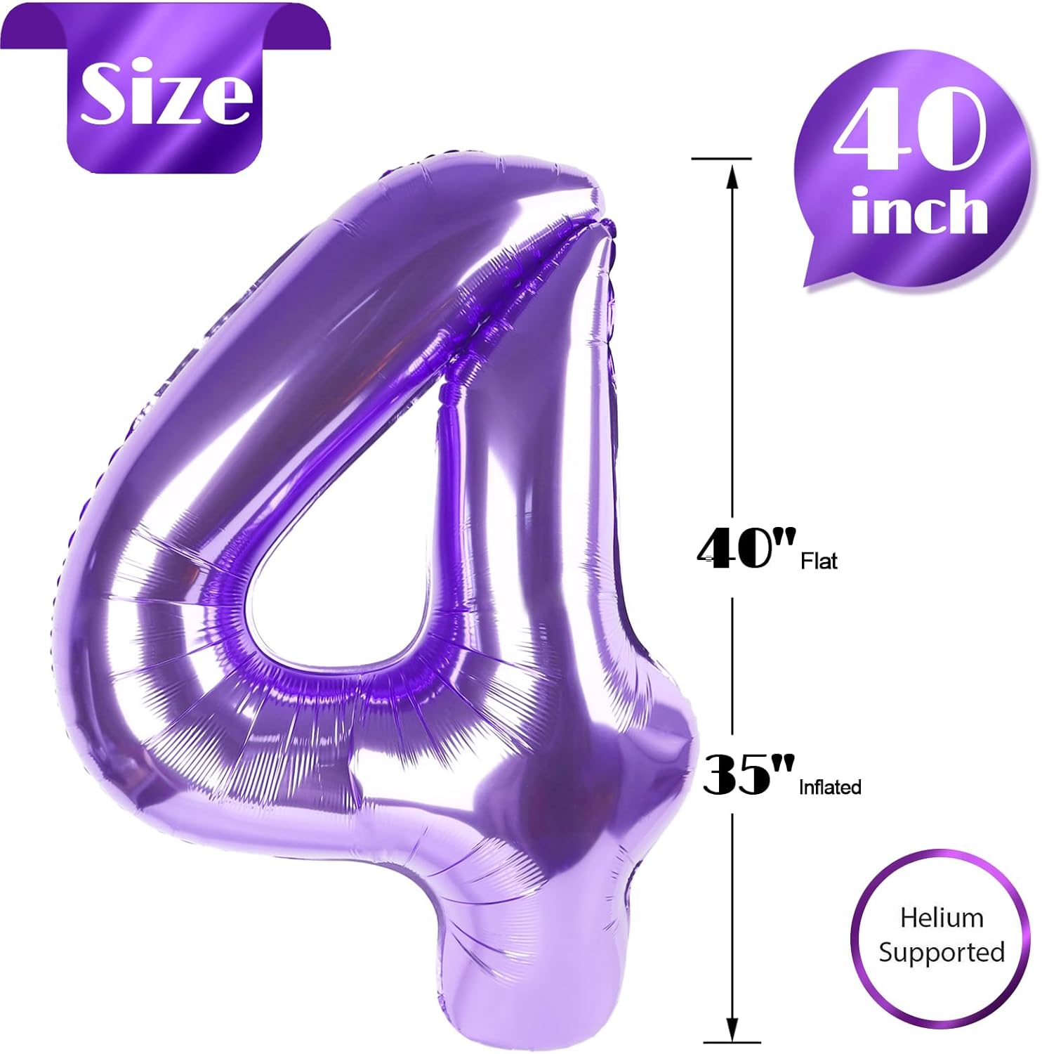 Number 4 Balloon - 40 Inch Purple Foil Balloon for 4th Birthday Party Decorations