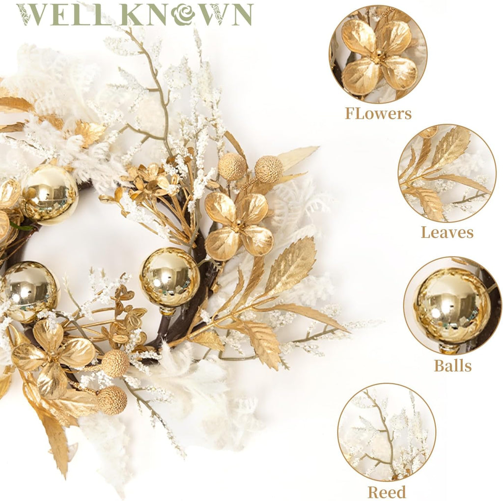Well Known Mini Golden White Floral Candle Rings - 9" Decorative Wreaths for Home & Events