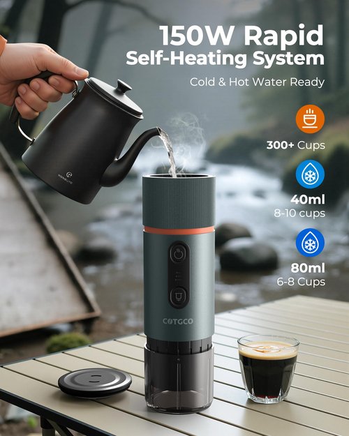 COTGCO Portable Espresso Maker 20 Bar Self‑Heating & Auto-off | 13500 mAh Battery Brews 8 Shots | 12 V Mini Coffee Machine Compatible with Nespresso Original Pods | Car/Travel/Camping