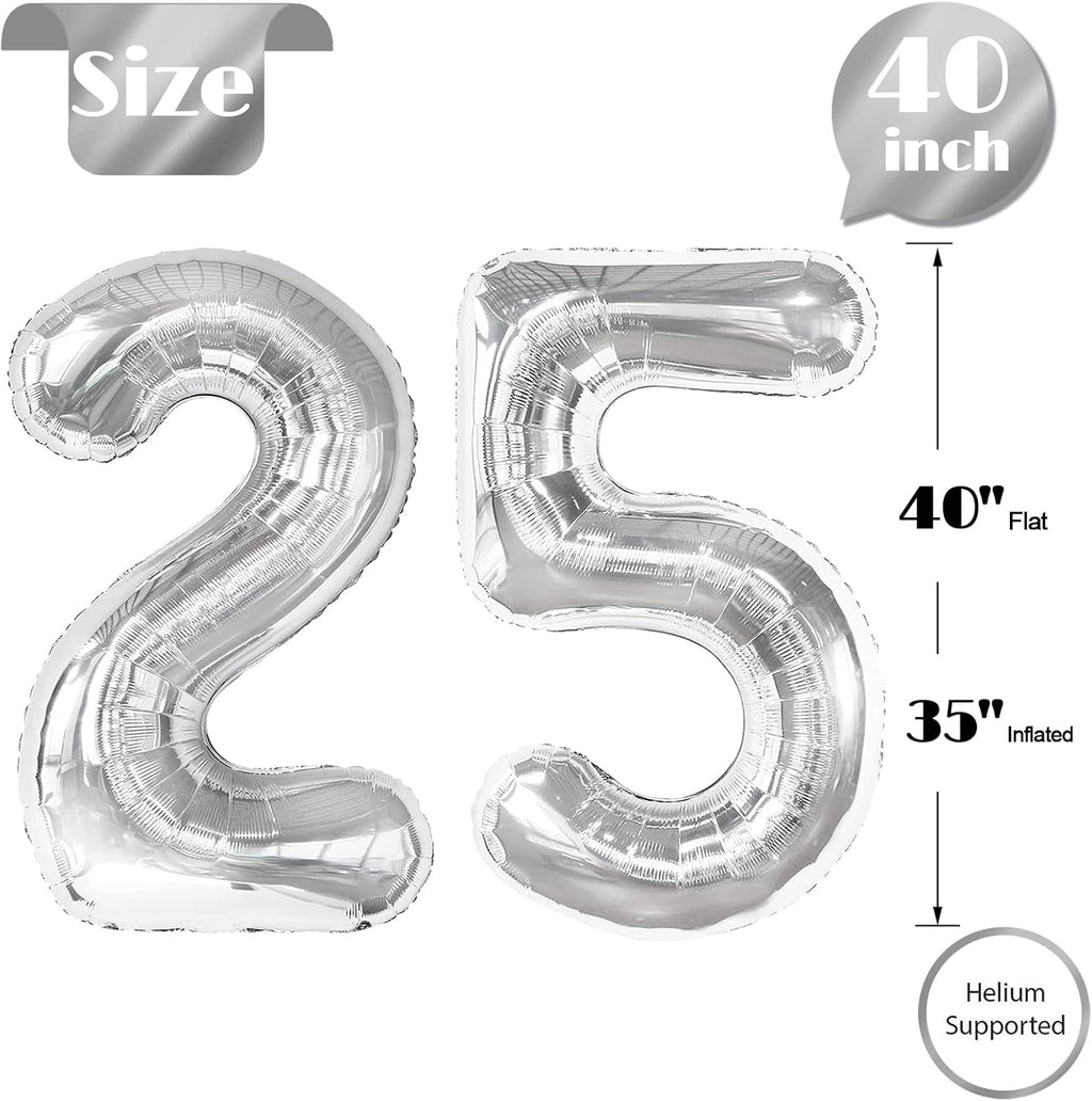 Silver Number 25 Balloon - 40 Inch Metallic Decoration for 25th Birthday Celebrations