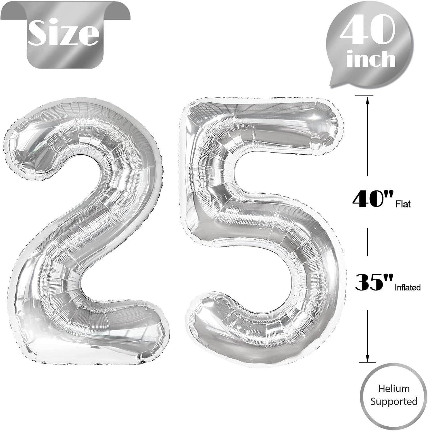 Silver Number 25 Balloon - 40 Inch Metallic Decoration for 25th Birthday Celebrations