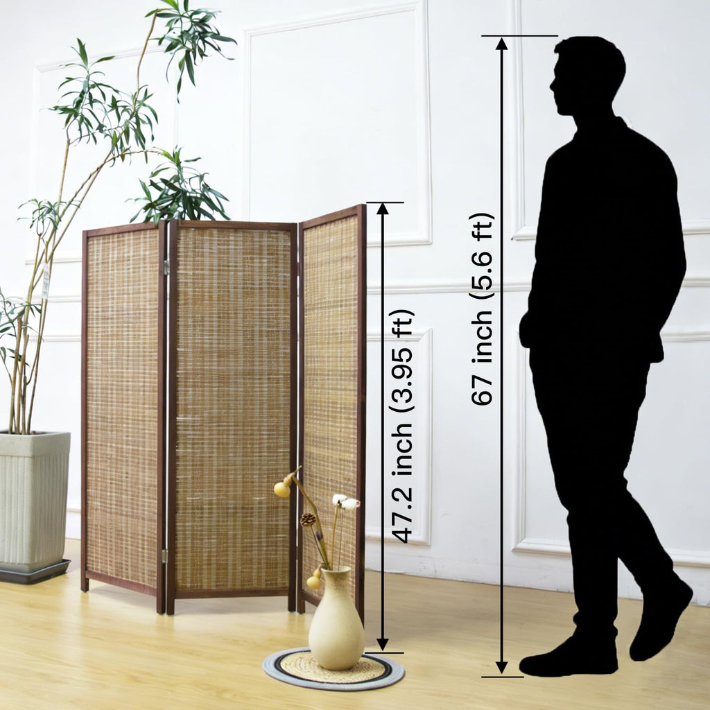 Furnnylane 3 Panel Short Room Divider Screen,Brown Freestanding Partition,Small Bamboo Panel Divider for Room Seperation,3.95 FT Tall