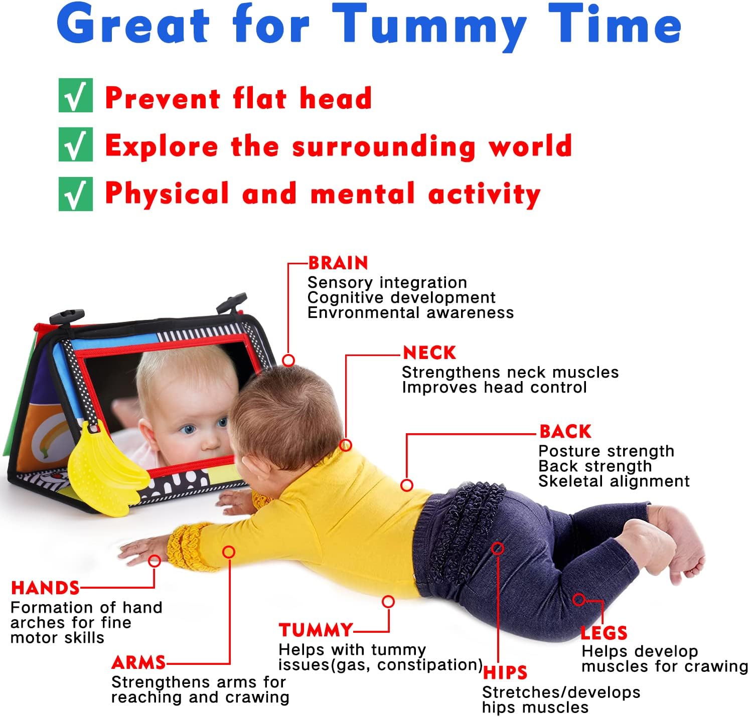 Skiennix Tummy Time Baby Mirror - High Contrast Infant Toy for Brain Development | Crinkle Cloth Book & Teether, 0-6 Months