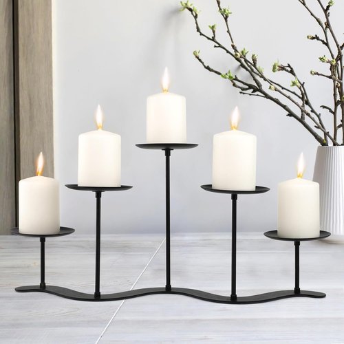 Black Iron Candelabra Candle Holder - Elegant 5 Arm Metal Centerpiece for Pillar Candles