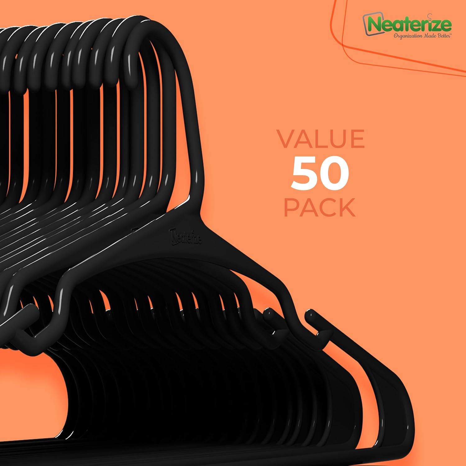 Neaterize Clothes Hangers - Space-Saving Plastic Hangers for Adults | 50-Pack in Black