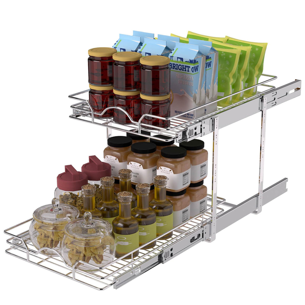 OCG 2 Tier Pull Out Cabinet Organizer (12.5" W x 21" D), Pull Out Drawers for Kitchen Cabinets, Pull Out Shelves for Base Cabinet Organization in Kitchen Bathroom Pantry, Chrome Finish