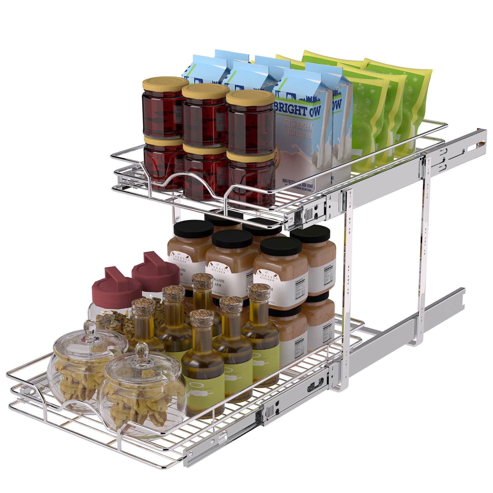 OCG 2 Tier Pull Out Cabinet Organizer (12.5" W x 21" D), Pull Out Drawers for Kitchen Cabinets, Pull Out Shelves for Base Cabinet Organization in Kitchen Bathroom Pantry, Chrome Finish