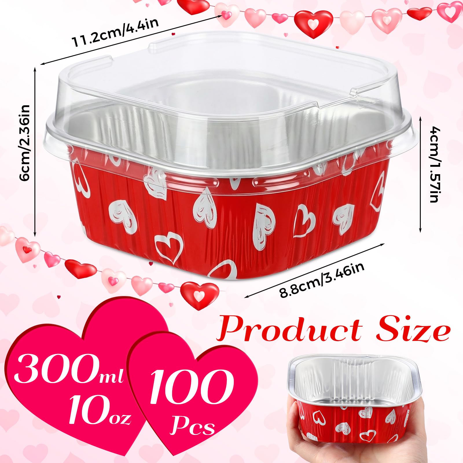 Jingmore 100 Pcs Heart Square Baking Pans with Lids 10oz Aluminum Foil Disposable Cupcake Cake Pans Baking Cups Individual Tin Dessert Containers for Wedding Birthday Party(Heart,Red)