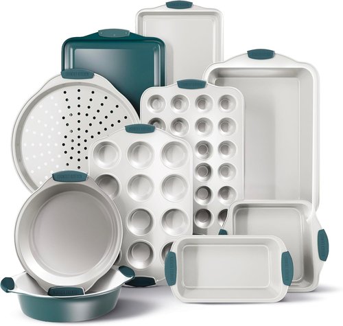 Country Kitchen Nonstick Bakeware Set - Durable & Easy Release, Sage Color, 10 Pieces