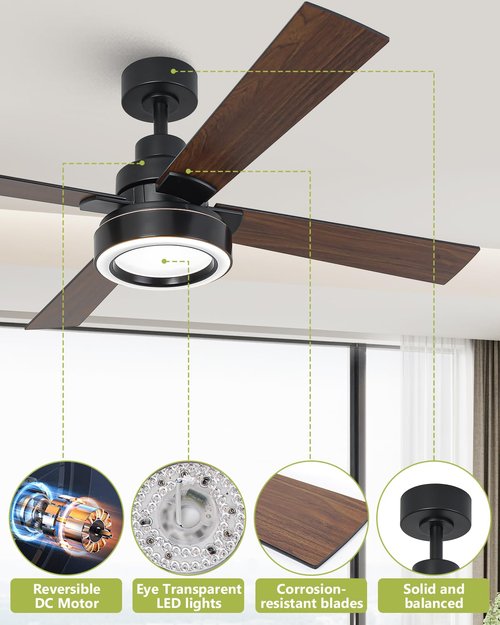Vaczon 52 Inch Black Ceiling Fan with Light and Remote, Indoor Outdoor Modern Black Ceiling Fan, 3CCT Dimmable, Reversible Motor, Dual-Sided Blades Ceiling Fans for Bedroom Living Room Patio -Upgraded