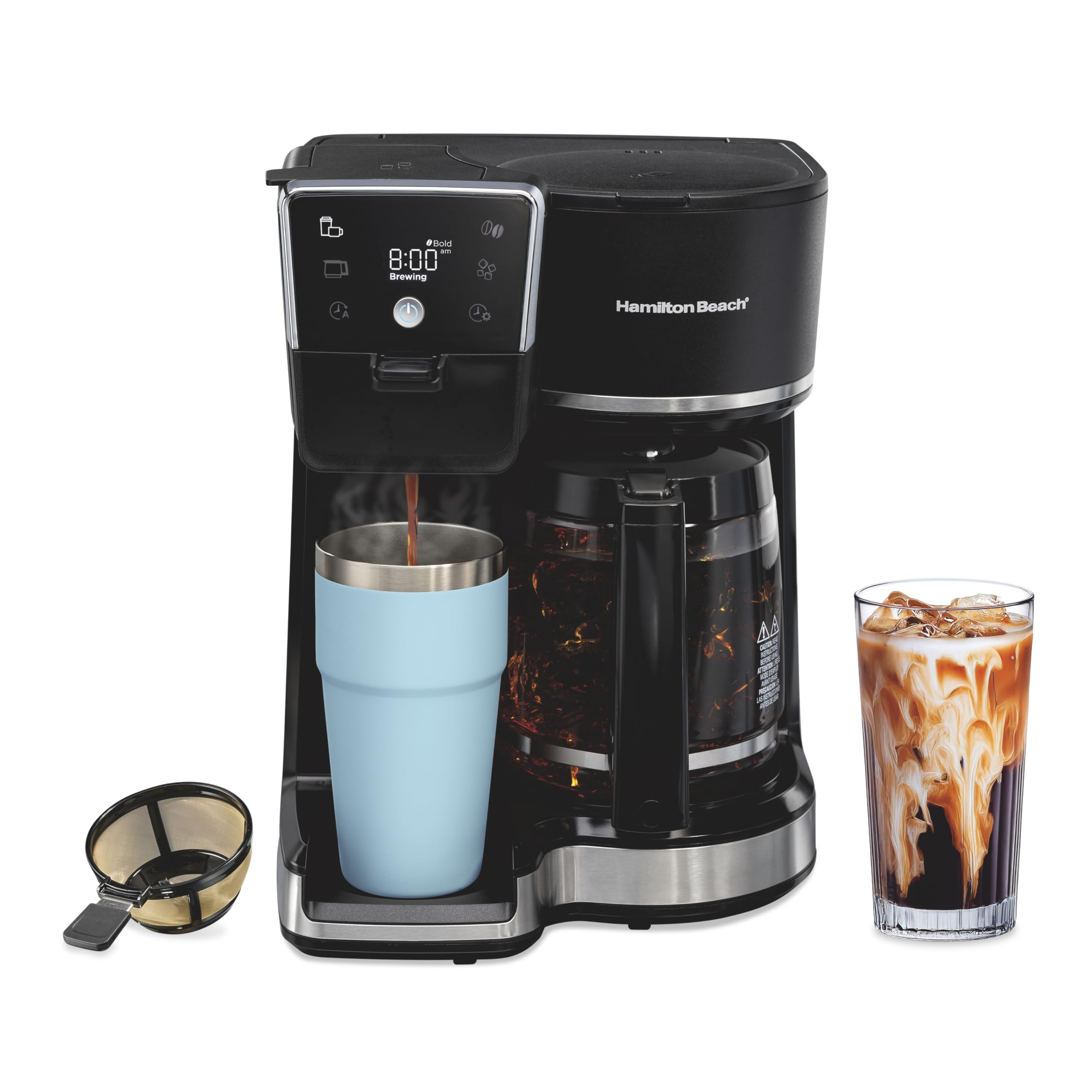 Hamilton Beach 2-Way 12 Cup Programmable Drip Hot and Iced Coffee Maker & Single Serve Coffee Machine, AquaFlow Showerhead, Glass Carafe, Auto Pause and Pour, Black (47500J)
