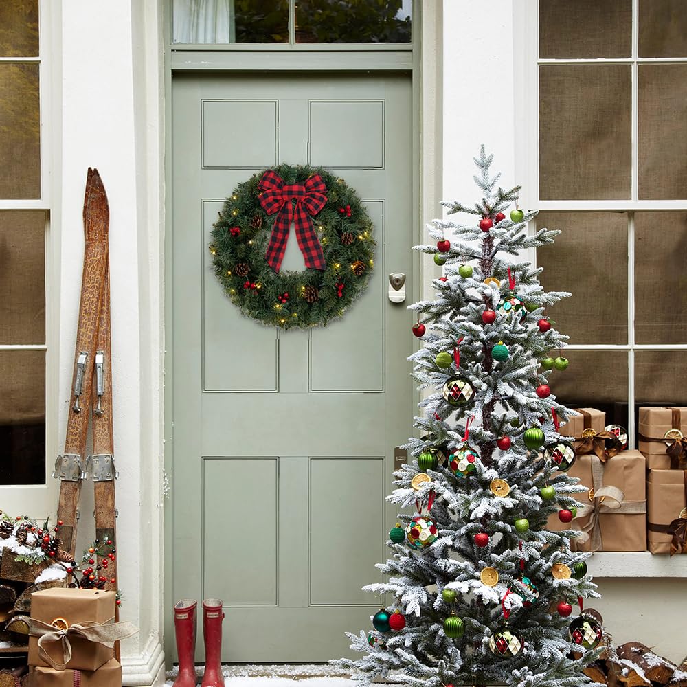 DEWBIN 24 Inch 2FT Christmas Wreath, 30 LED Lights Christmas Wreaths for Front Door with Bow Red Berries Pine Cones, Prelit Timer Home Decor, Xmas Wall Windows Decorations Indoor Outdoor