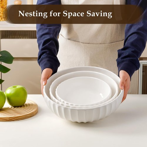 NUTRIUPS Extra Large Serving Bowls, 155/84/50 oz Nesting Ceramic Salad Bowl for Entertaining Party, 12/10/8 in White Bowl