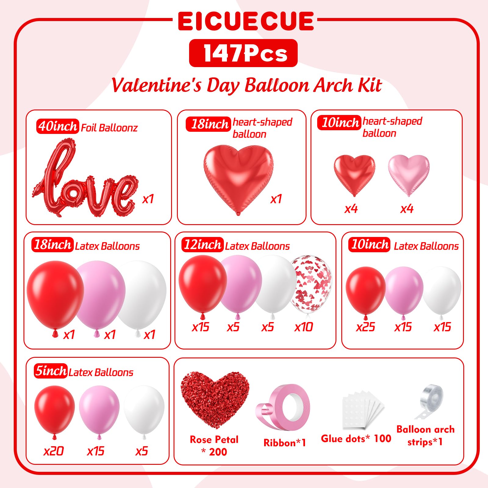 EICUECUE Valentines Day Balloons Garland Arch Kit - Rose Petals, Heart and LOVE Foil Balloon Different Size Pink White Red Balloons for Valentine's Day Galentine's Day Anniversary Party Decorations