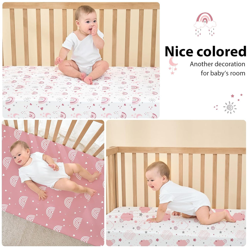 Skiennix Baby Crib Sheets - 3 Pack Fitted Toddler Bed Sheets, Super Soft Microfiber, Pink Rainbow | 52”x28”