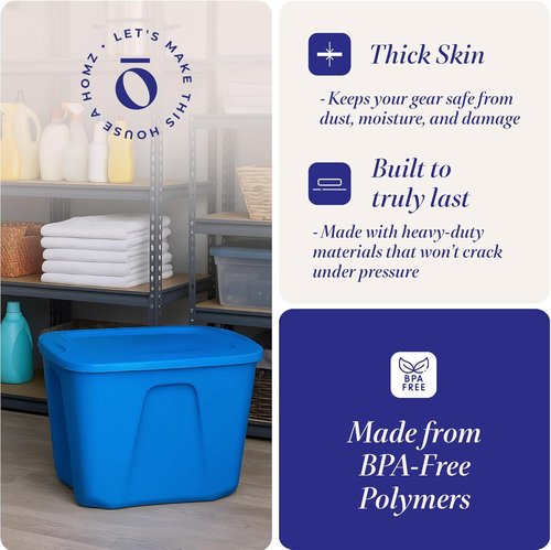 HOMZ 10 Gallon Durable Molded Storage Bins - Stackable Plastic Containers with Lids, Blue