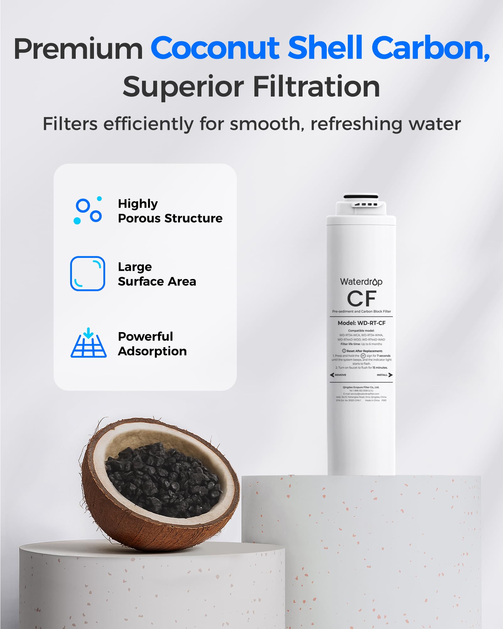 Waterdrop RT-CF Filter, Replacement for Waterdrop T3-T & T3-C & T3-M & T4-A Reverse Osmosis System, Pack of 1 CF Filter, 6-month Lifetime
