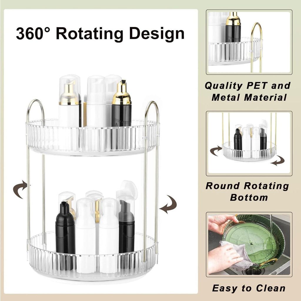 360 Rotating Makeup Organizer and Storage for Vanity Countertop 2 Tiers, High Capacity Cosmetic Skincare Perfume Organizers for Dresser Bathroom Lazy Susan