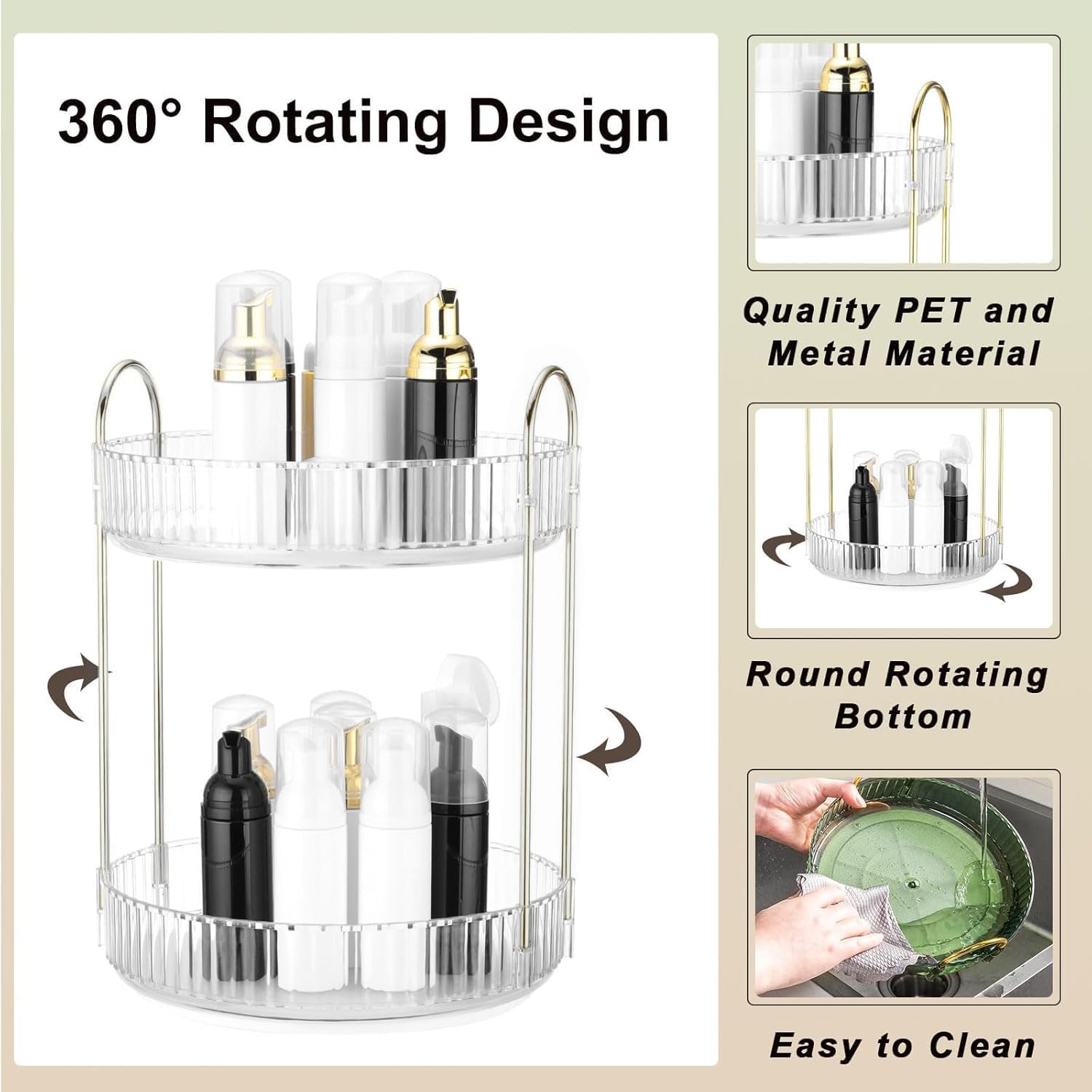 360 Rotating Makeup Organizer and Storage for Vanity Countertop 2 Tiers, High Capacity Cosmetic Skincare Perfume Organizers for Dresser Bathroom Lazy Susan