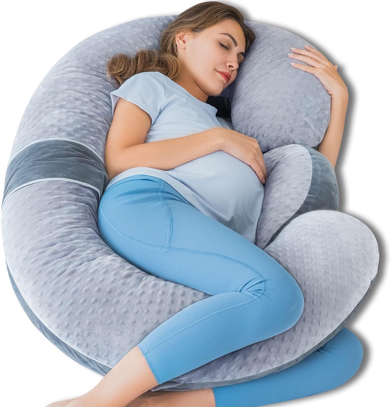 Queen Rose Pregnancy Pillow - E-Shaped Maternity Support with Detachable Wedge | 60-Inch Dual-Sided Velvet Cover in Grey