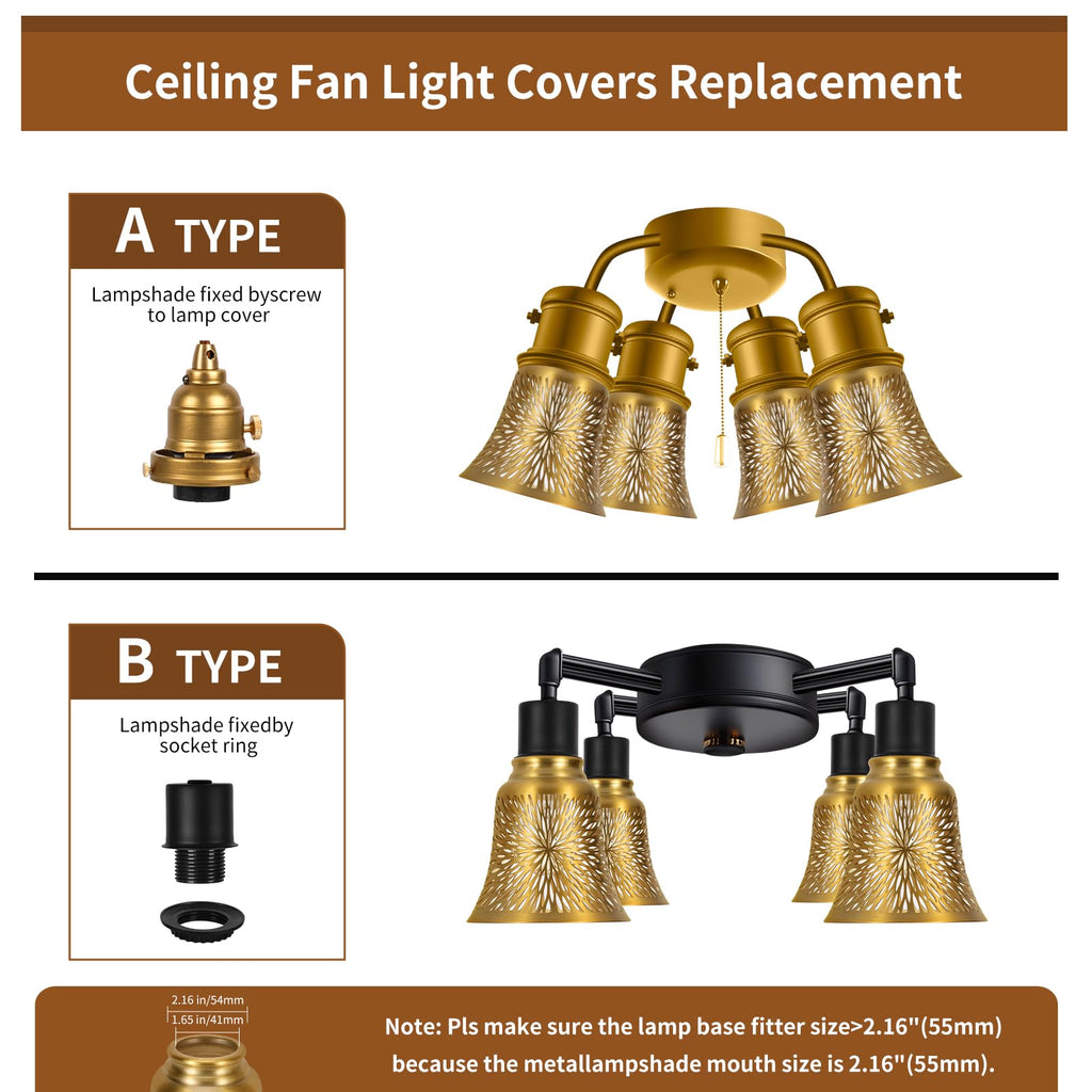 Ceiling Fan Replacement Globes, 4 Pack Chrysanthemum Pattern Fixture Replacement Globes Shades with 1-5/8" Fitter, ALUCSET 4.5" Height 4-3/4" Diameter, Metal Cover for Pendant Lamp-Yellow Brass&Gold