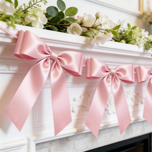 1-String Pink Bow Garland Banner, 8 Pre-Strung Double-Layer Ear Satin Ribbon Bows, Valentines Day Decor for Baby Shower Bridal, Birthday Wedding Party, Reusable Girls Coquette Room Wall Mantel Decor