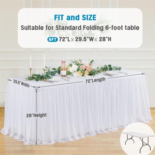 4 Pack White Tulle Tablecloths for 6 Foot Rectangular Tables, 72 x 30 Inch White Rectangle Table Cloth, Wrinkle Free Table Cover with Tutu Skirt for Wedding Birthday Party Banquet Buffet Decorations