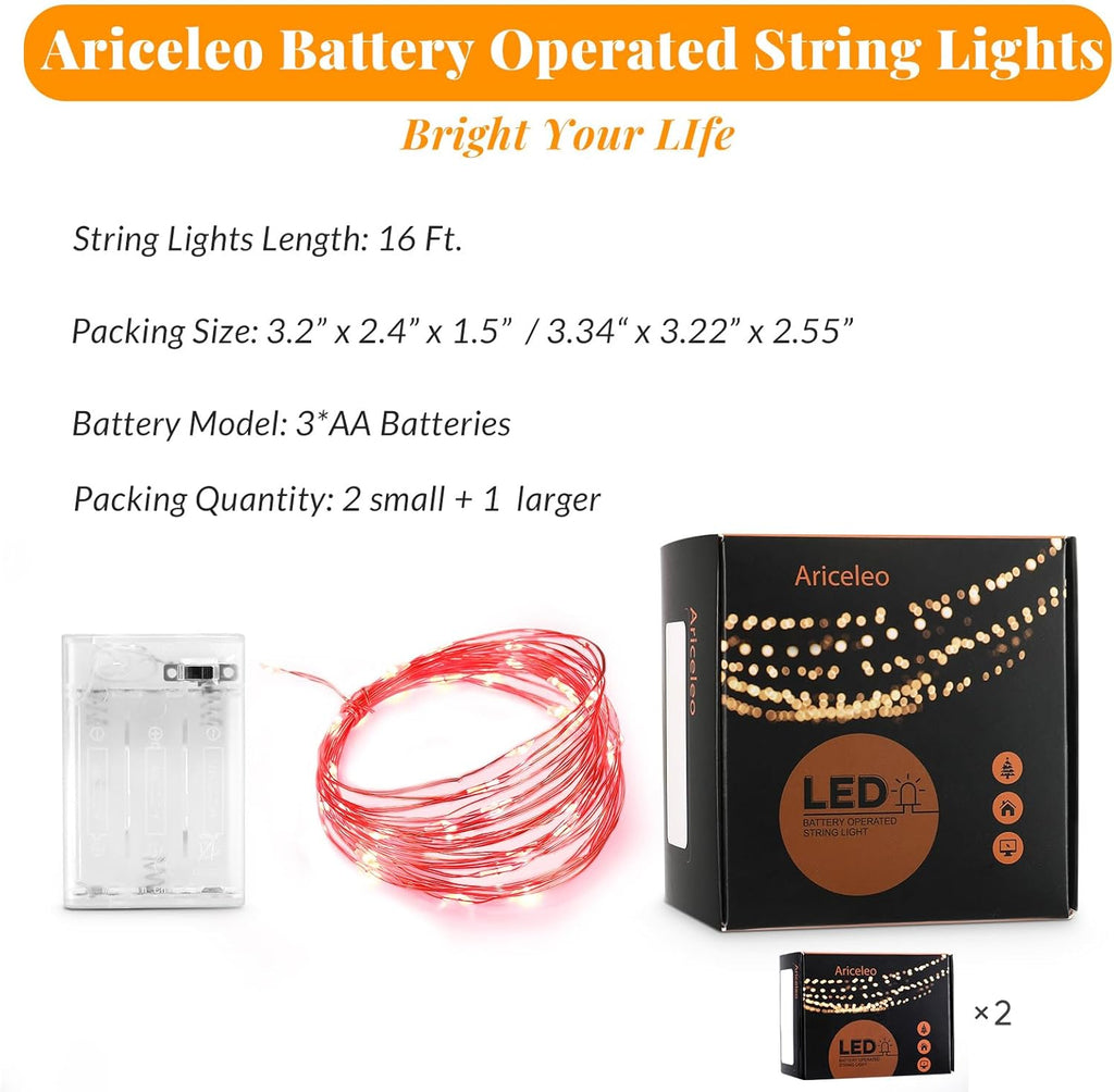 Ariceleo LED Fairy Lights - Battery Operated Copper Wire String Lights | 5m/16ft Red for Bedroom & Parties