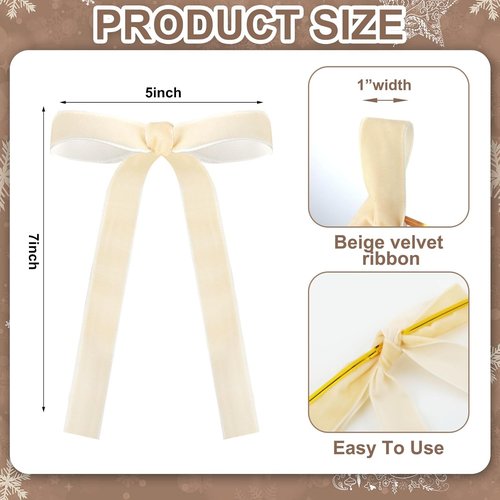 Beige Velvet Bows by [Brand Name] - 24 Pcs Christmas Tree Ornaments | Perfect for Home Decor & Weddings (5 x 7 Inch, 1 Inch Width)